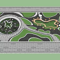 Outdoor Curved Table and Chair Set in Landscaped Park with Greenery and Pathways