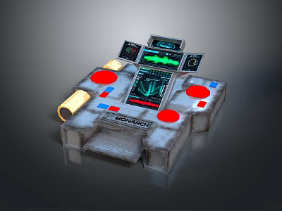 Futuristic Metallic Control Console With Multiple Screens Charts And Colored Buttons 3d model