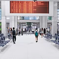 Spacious Service Hall Interior With Blue Chairs Large Windows And Information Display Screen