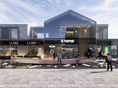 Modern Commercial Landscape With Glass Facade LAMER PEPSI Storefronts Pedestrians And Sculpture 3d model