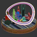 Decorative Miniature Scene With Circular Wooden Base Mirror Black Structures Green Plant And Zebra Figure