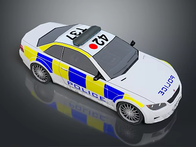 White Police Car With Blue And Yellow Stripes And Roof Lights Design 3d model