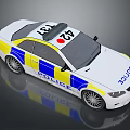 White Police Car With Blue And Yellow Stripes And Roof Lights Design