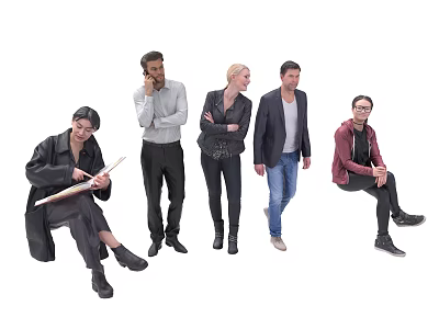 Group of Diverse People in Various Poses Standing Sitting and Holding Document 3d model