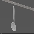 White Slotted Spoon Hanging On Metal Rod Against A Blue Background