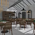 Modern Café Interior With Wicker Chairs Black Pendant Lights And Glass Ceiling