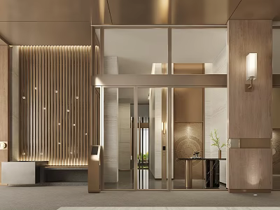 Modern Hotel Lobby Interior With Wooden Decor Glass Doors And Reception Desk 3d model