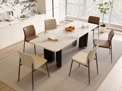Modern Dining Table Set With Marble Top Brown Beige Chairs And Metal Legs 3d model