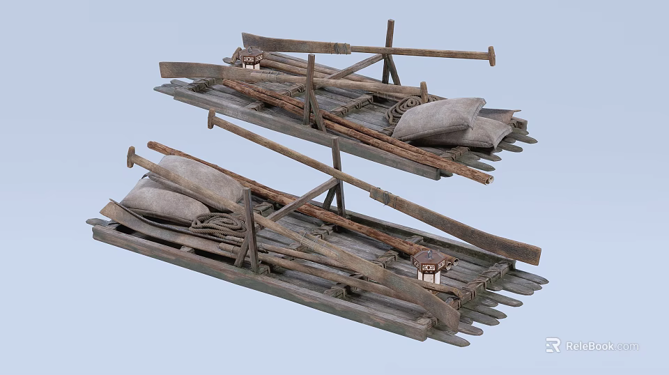 Wooden Boat Deck With Oars Sacks Lanterns And Wooden Planks 3d model 