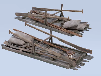 Wooden Boat Deck With Oars Sacks Lanterns And Wooden Planks 3d model