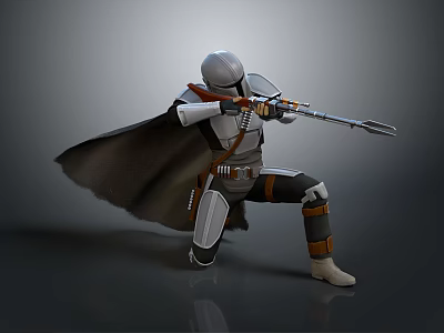 Sci Fi Armored Warrior Character With Helmet Cape And Long Rifle In Crouched Pose 3d model