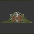 Cartoon Scene Featuring Round Sandy Ground Stone Metal Plate Hut Grass Roof And Green Plants