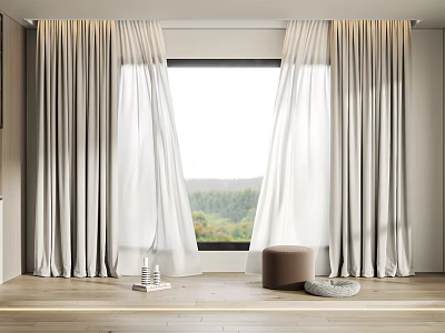 White Layered Lightweight Curtains In Modern Minimalist Room With Wooden Floor And Window View 3d model