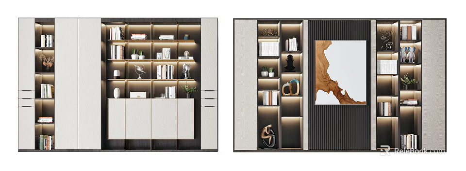 Modern Bookcase Interior Design With Layered Shelves Built-in Lighting And Decorative Items 3d model 