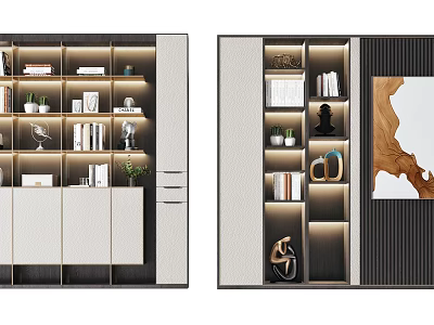 Modern Bookcase Interior Design With Layered Shelves Built-in Lighting And Decorative Items 3d model