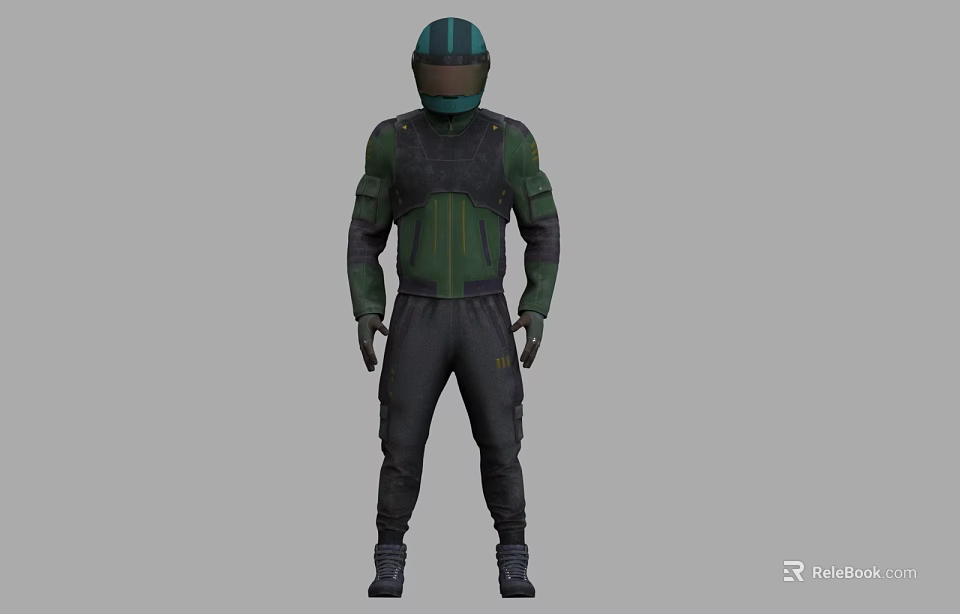 Man Wearing Green And Black Protective Suit With Full Face Helmet 3d model 