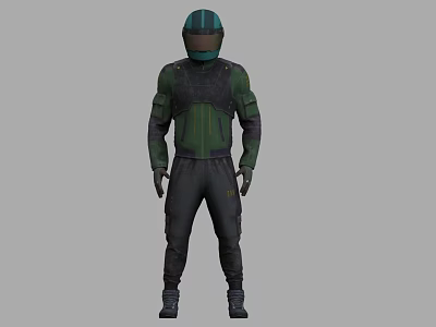 Man Wearing Green And Black Protective Suit With Full Face Helmet 3d model