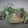 Green Vintage Motorcycle With Rustic Sidecar And Classic Retro Design Elements 3d model
