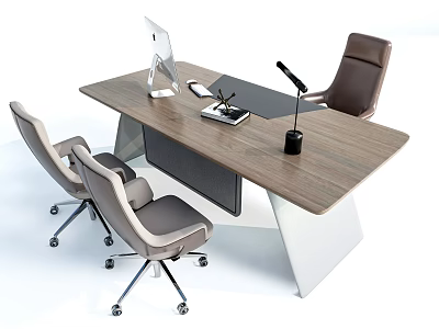 Modern Office Desk With Wooden Top Metal Frame Computer Monitor Tablet Notebook And Wheeled Chairs 3d model