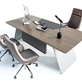 Modern Office Desk With Wooden Top Metal Frame Computer Monitor Tablet Notebook And Wheeled Chairs