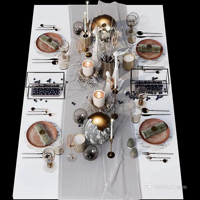 Elegant Dinnerware Set With Plates Cups Cutlery And Decorative Candles 3d model 