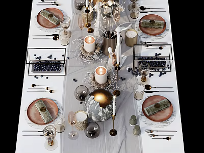 Elegant Dinnerware Set With Plates Cups Cutlery And Decorative Candles 3d model