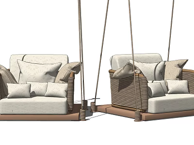 Modern Wicker Hanging Chair with White Cushions and Soft Pillows Suspended by Ropes 3d model