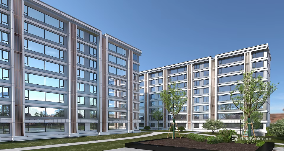 Modern Residential Building Exterior Design With Large Glass Windows And Green Landscaping Areas 3d model 