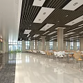 Spacious Cafeteria Interior With Modern Ceiling Design Columns Large Windows And Dining Tables 3d model