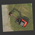 Orange Excavator With Black Bucket Working On Green Grass Outdoor Construction Area