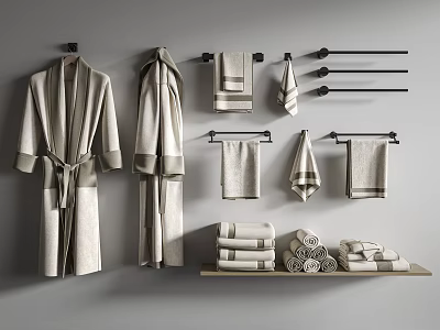 Neutral Striped Bathroom Towels and Bathrobes Hanging on Racks and Folded on Shelf 3d model