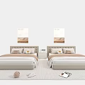 Two Single Beds With Pillows In Modern Bedroom With Nightstands Decorative Paintings And Carpet