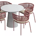 Four Red Woven Chairs With White Marble Round Table Dining Set 3d model
