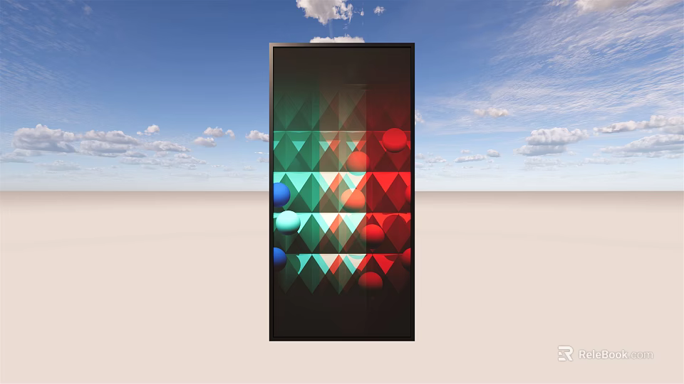 Black Vertical Structure With Colorful Triangles And Circular Shapes Against Blue Sky With Clouds 3d model 