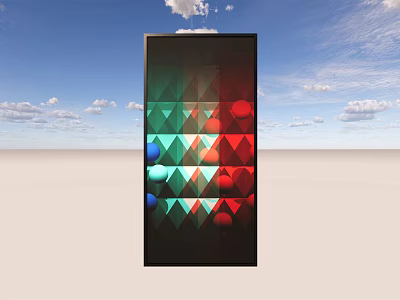 Black Vertical Structure With Colorful Triangles And Circular Shapes Against Blue Sky With Clouds 3d model