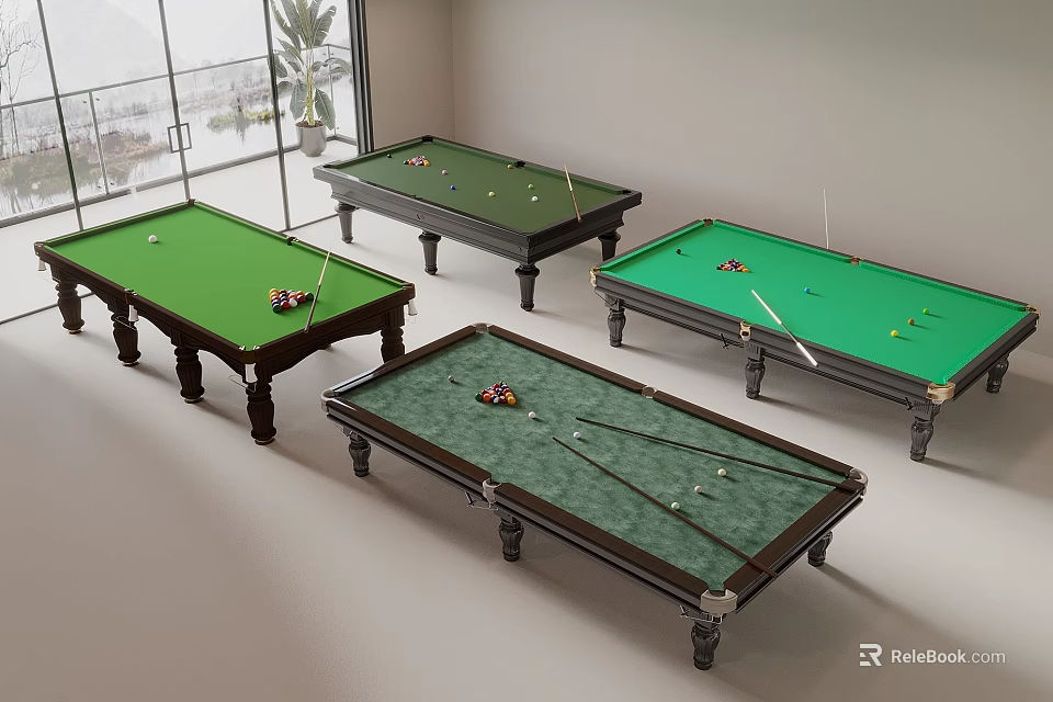 Green Felt Pool Tables With Wooden Legs Billiard Balls And Cues In Indoor Entertainment Room 3d model 