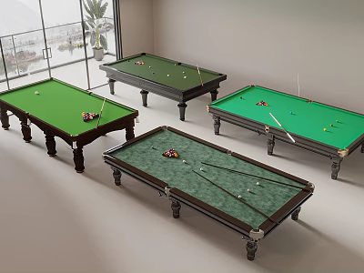 Green Felt Pool Tables With Wooden Legs Billiard Balls And Cues In Indoor Entertainment Room 3d model