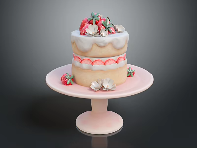 Delicious Two Layer Cake With Fresh Strawberries And Cream On Pink Stand 3d model