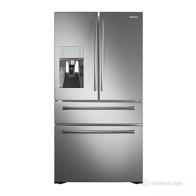 Modern Stainless Steel Refrigerator with Ice and Water Dispenser and Bottom Freezer Drawers 3d model 