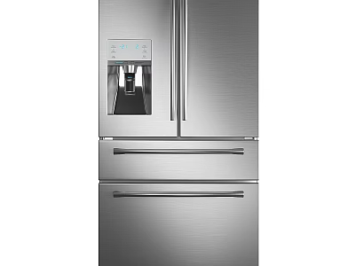 Modern Stainless Steel Refrigerator with Ice and Water Dispenser and Bottom Freezer Drawers 3d model