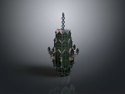 Green Layered Tower Structure With Spire And Decorative Glass Details 3d model