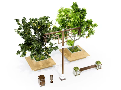 Landscape Bench With Green Trees Square Planters And Lamp Posts 3d model