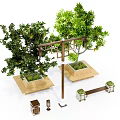 Landscape Bench With Green Trees Square Planters And Lamp Posts 3d model