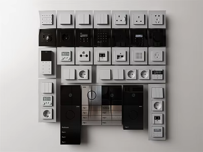 Different Types of Stylish Switch Panels in Black and White Modern Styles 3d model