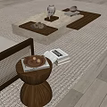 Modern Stone Coffee Table with Decorative Trays Nuts and Small Ornaments on Light Rug