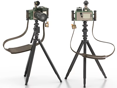 Vintage Green Cameras With Black Tripods And Leather Straps And Locks 3d model