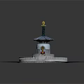 Traditional Pagoda Model Featuring Blue Roof Golden Finial Circular Base Stone Steps On Green Grass