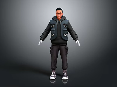 Man In Black Hoodie And Pocketed Vest With Dark Pants White Gloves And Sneakers 3d model