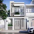Modern Detached Villa With White Exterior Grille Gate And Front Greenery