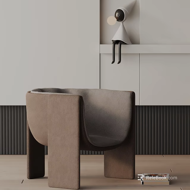 Comfortable Modern Brown Fabric Leisure Chair In Light Gray Room With Simple Shelf And Table Lamp 3d model 